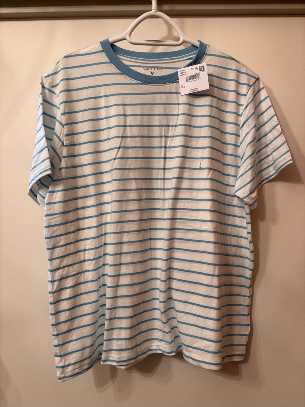 American Eagle Outfitters White and Light Blue Striped Short Sleeve Tee